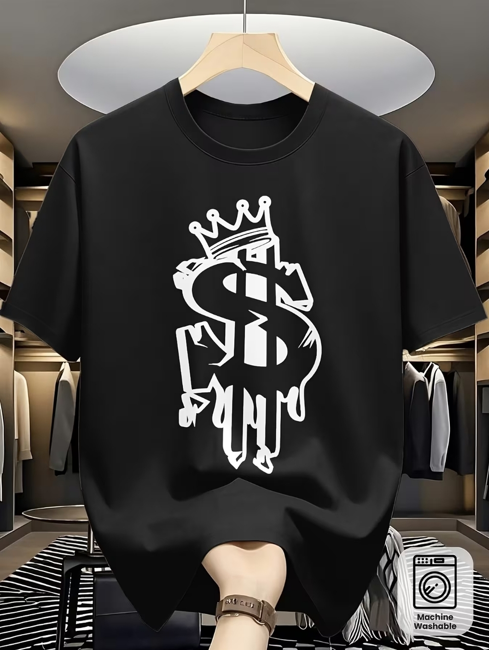 Black Graphic Tee with White Drip Dollar Logo